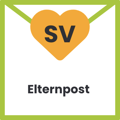 Schwarze Schrift „SV“ auf orangenem Hintergrund in Herzform, „Elternpost“